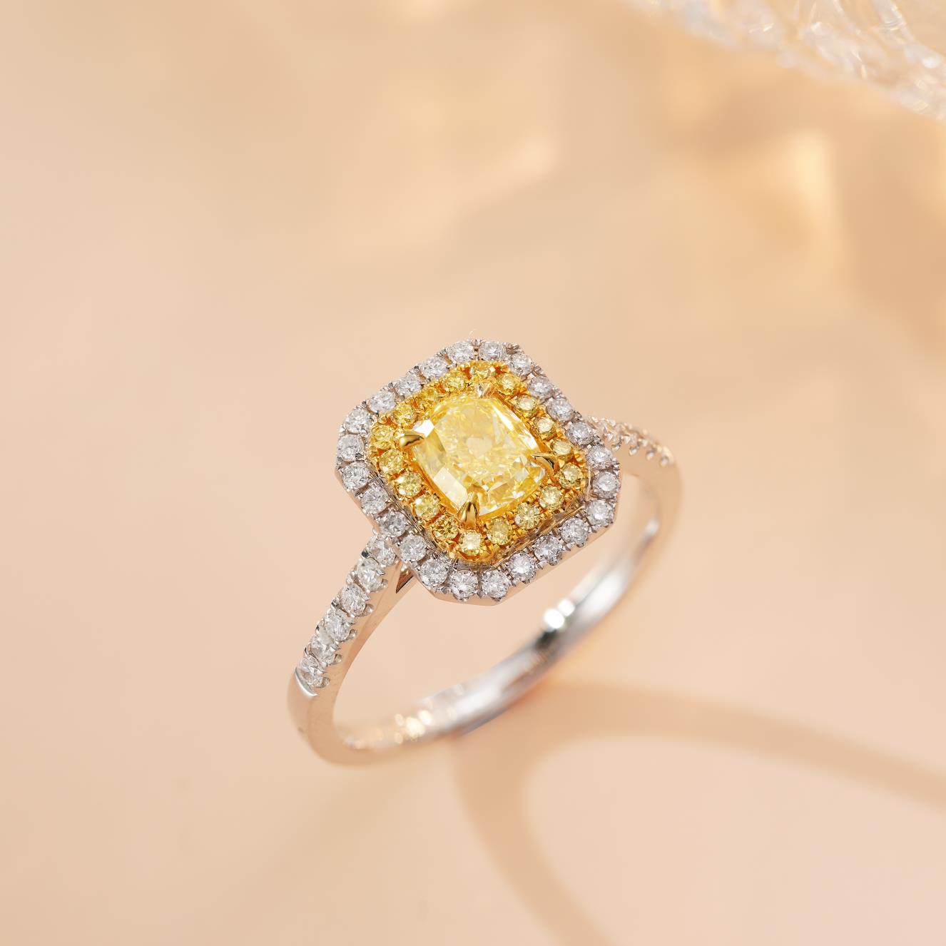 18K Yellow Gold Diamond Cushion-Cut Halo Ring | Premium Jewelry - Yellow Diamond Ring