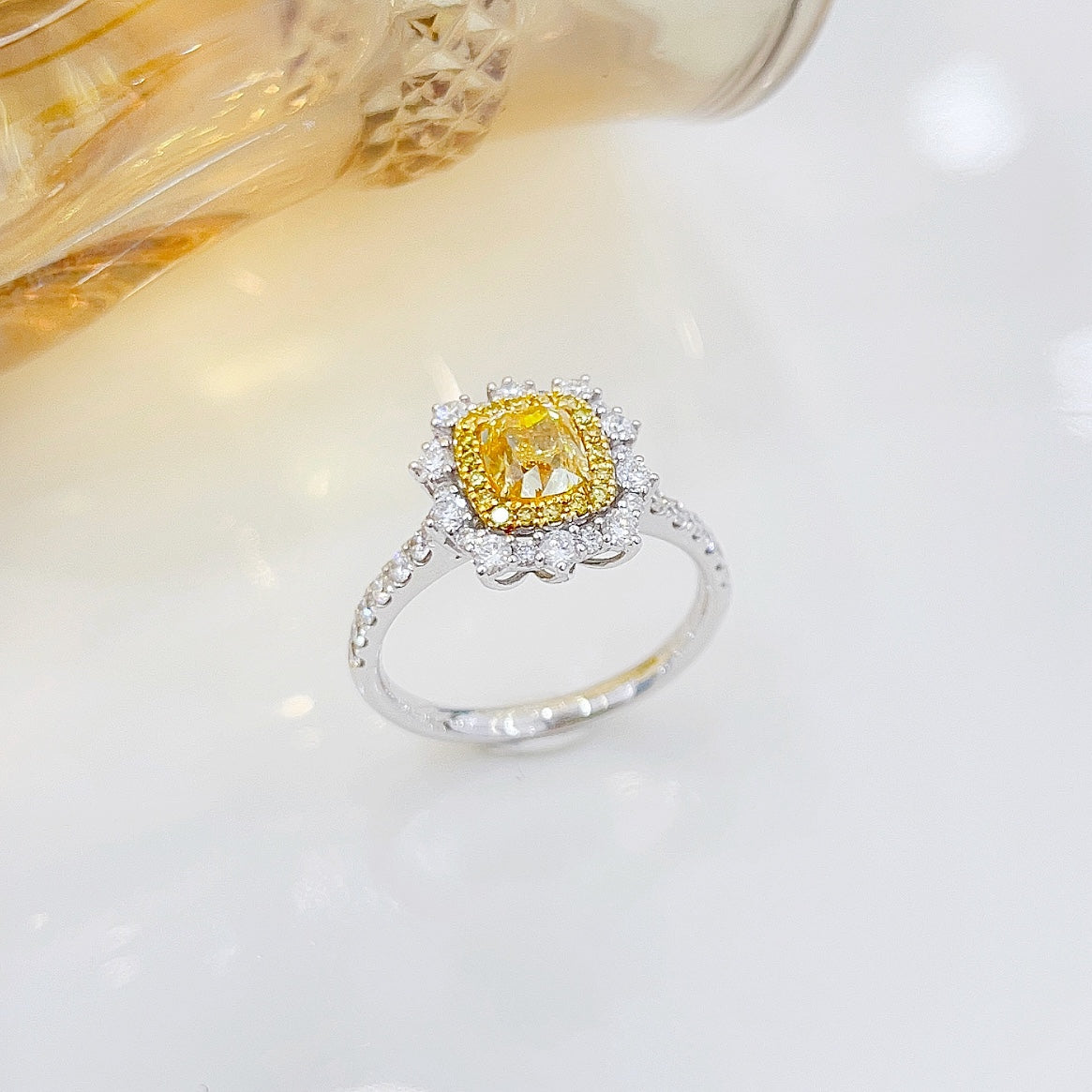 18K Yellow Gold Diamond Cushion-Cut Halo Ring - Premium Jewelry - Yellow Diamond Ring