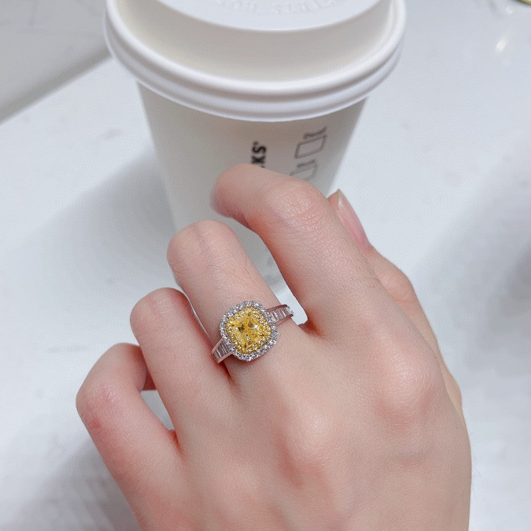 18K Yellow Gold Diamond Cushion-Cut Halo Ring - Premium Jewelry - Yellow Diamond Ring