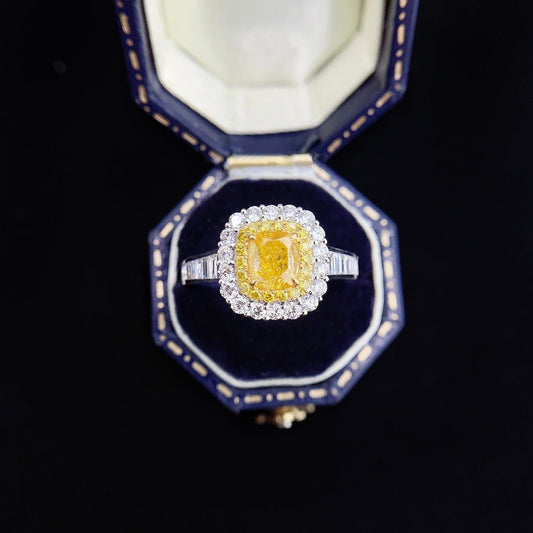 18K Yellow Gold Diamond Cushion-Cut Halo Ring - Premium Jewelry - Yellow Diamond Ring