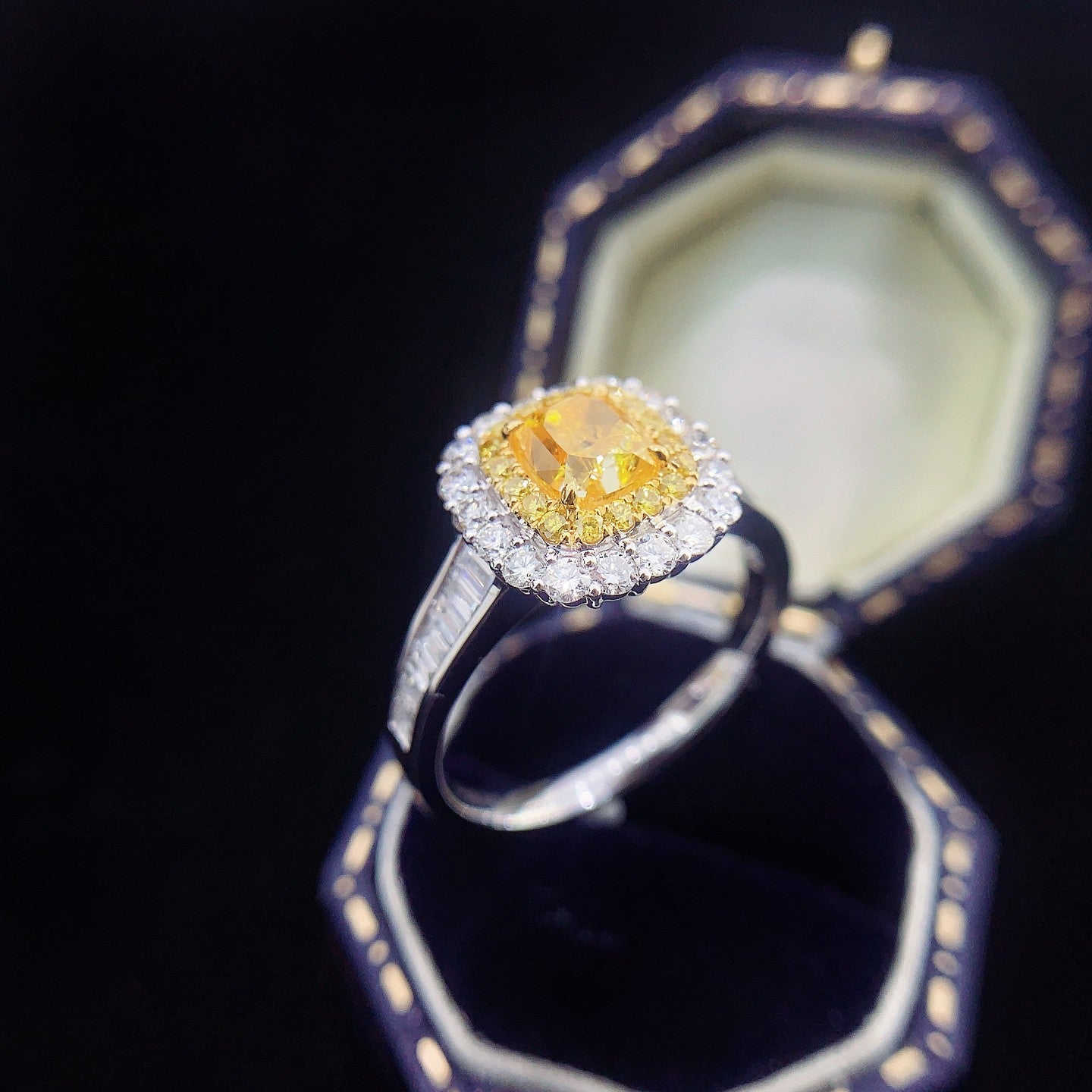 18K Yellow Gold Diamond Cushion-Cut Halo Ring - Premium Jewelry - Yellow Diamond Ring