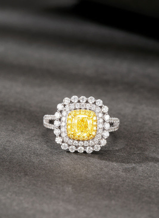 18K Yellow Gold Diamond Cushion-Cut Halo Ring - Premium Jewelry - Yellow Diamond Ring