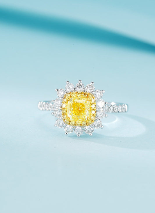 18K Yellow Gold Diamond Cushion-Cut Halo Ring with AGL Certificate | Premium Jewelry - Yellow Diamond Ring