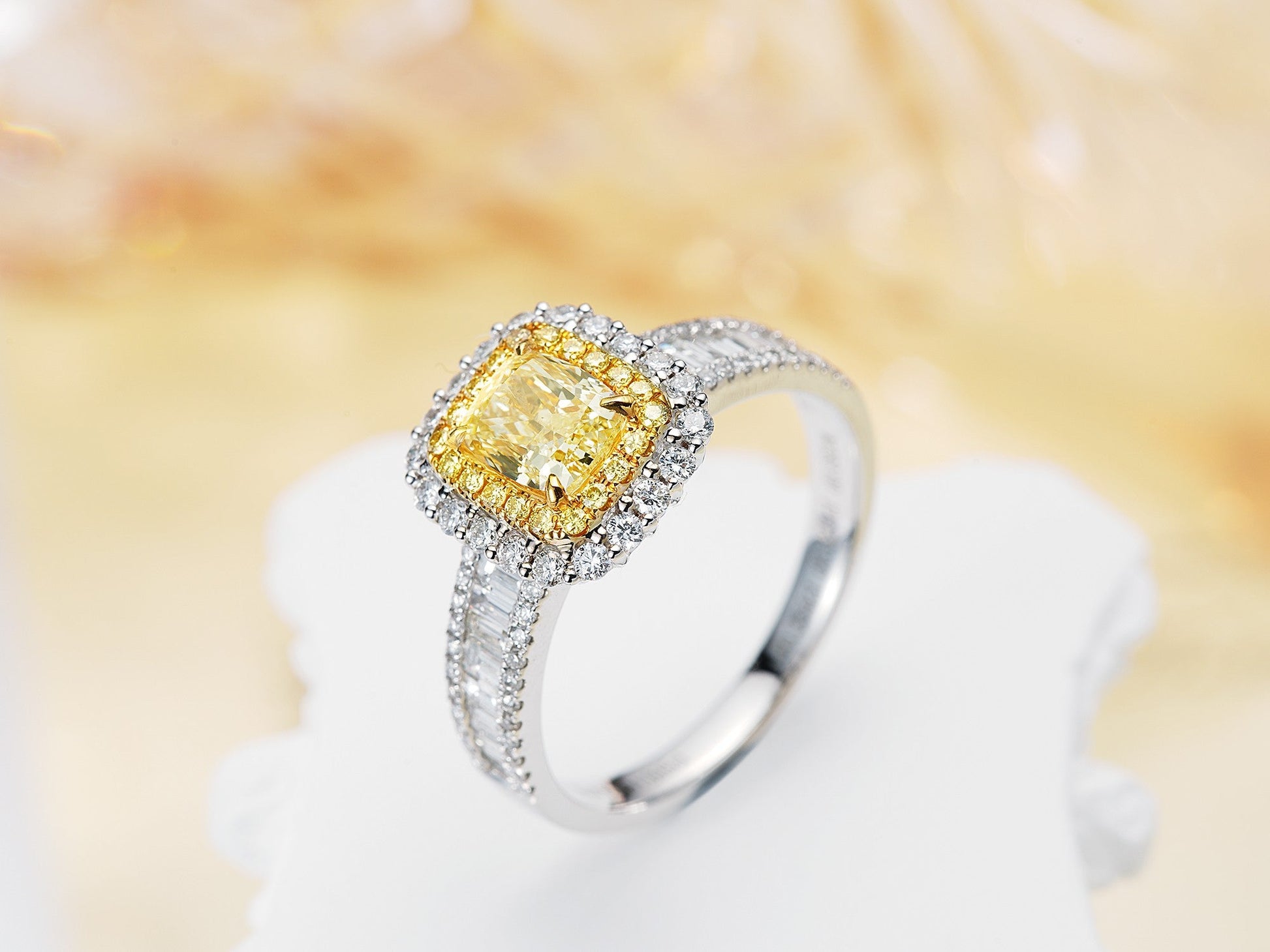 18K Yellow Gold Diamond Cushion-Cut Halo Ring with AGL Certificate | Premium Jewelry - Yellow Diamond Ring