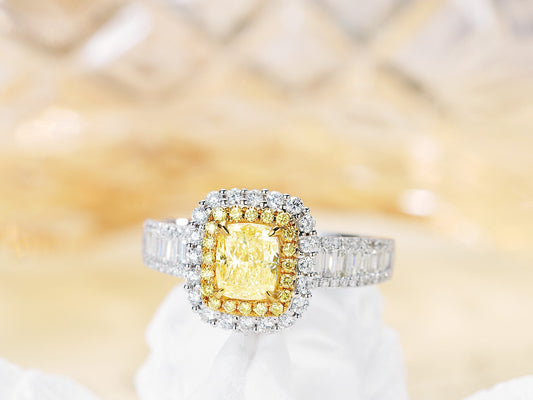 18K Yellow Gold Diamond Cushion-Cut Halo Ring with AGL Certificate | Premium Jewelry - Yellow Diamond Ring