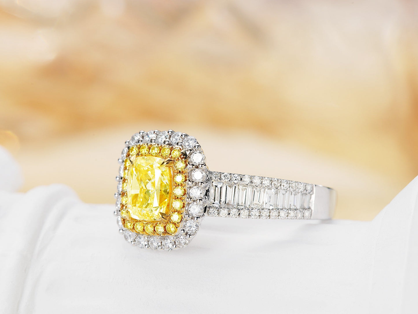 18K Yellow Gold Diamond Cushion-Cut Halo Ring with AGL Certificate | Premium Jewelry - Yellow Diamond Ring