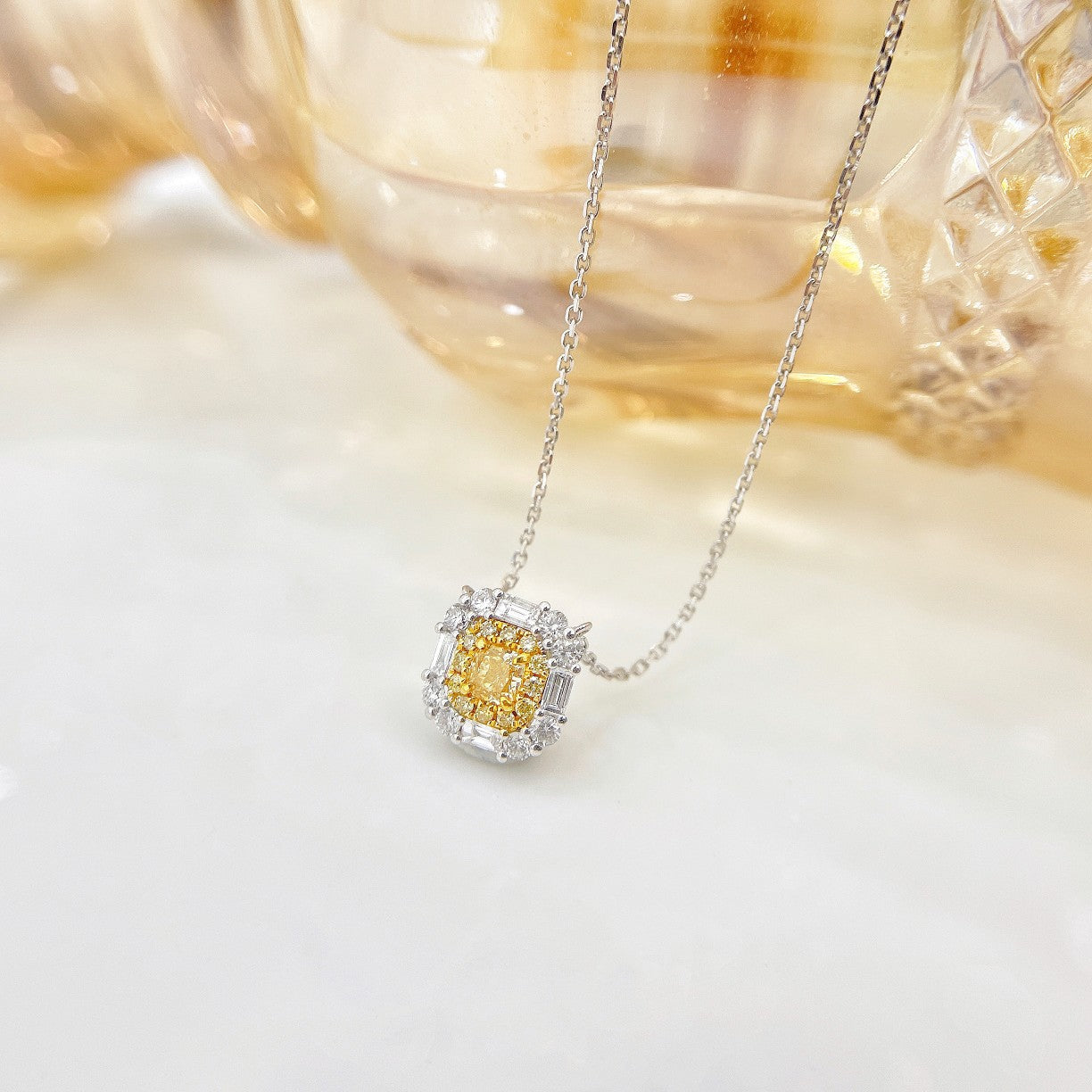 18K Yellow Gold Diamond Cushion-Cut Halo T Necklace | Premium Jewelry - Yellow Diamond Necklace