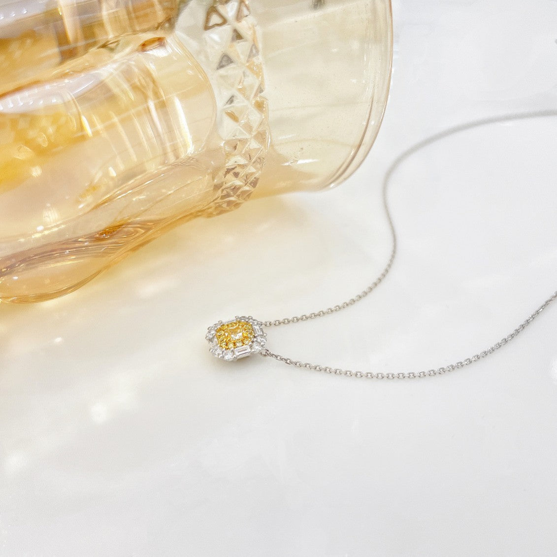 18K Yellow Gold Diamond Cushion-Cut Halo T Necklace | Premium Jewelry - Yellow Diamond Necklace