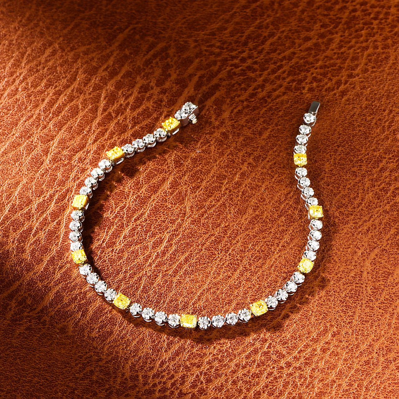 18K Yellow Gold Diamond Cushion-Cut Interspersed Bracelet - Luxury Jewelry - Yellow Diamond Bracelet