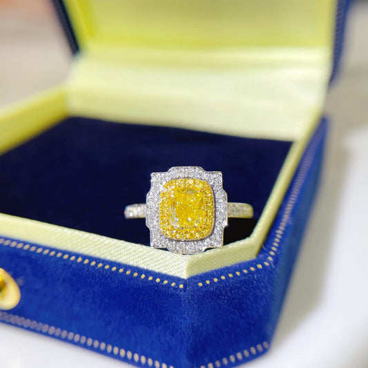 18K Yellow Gold Diamond Cushion-Cut Ocean Wave Ring with AGL Certificate - Yellow Diamond Ring