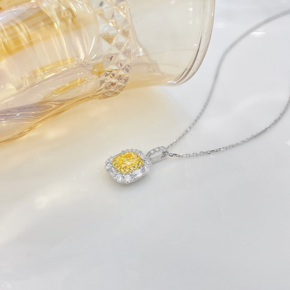 18K Yellow Gold Diamond Cushion-Cut Pendant Necklace - Yellow Diamond Necklace