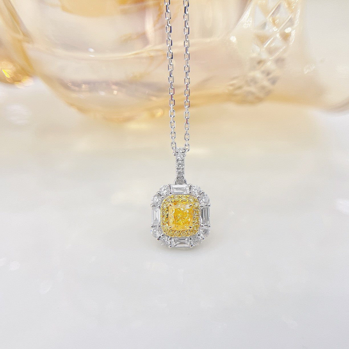 18K Yellow Gold Diamond Cushion-Cut Pendant Necklace - Yellow Diamond Necklace