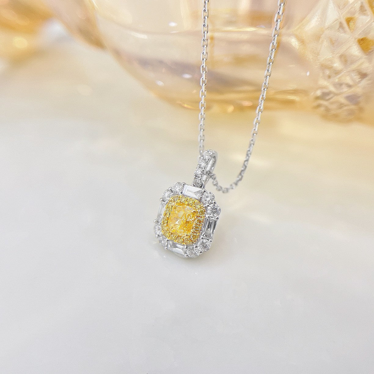 18K Yellow Gold Diamond Cushion-Cut Pendant Necklace - Yellow Diamond Necklace