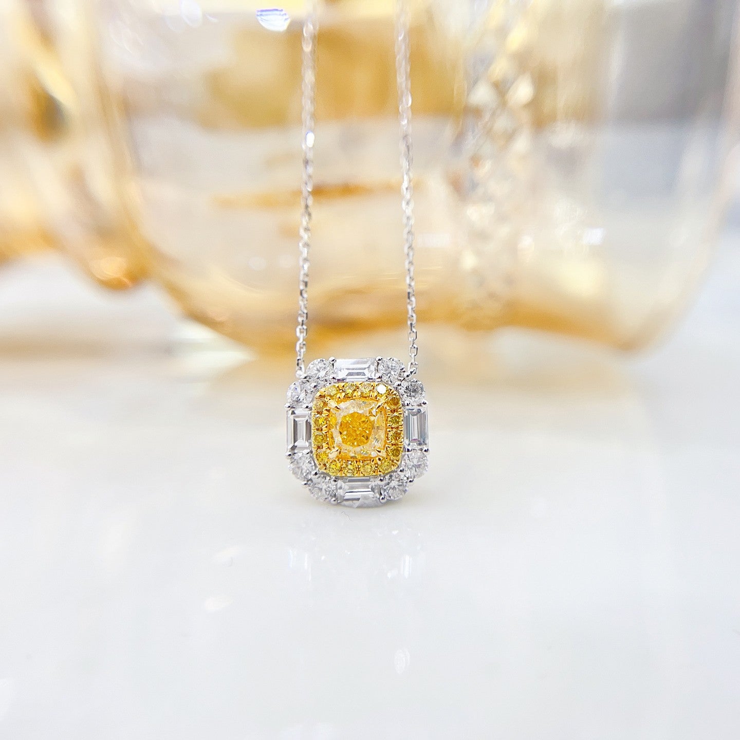 18K Yellow Gold Diamond Cushion-Cut Pendant Necklace - Premium Jewelry - Yellow Diamond Necklace