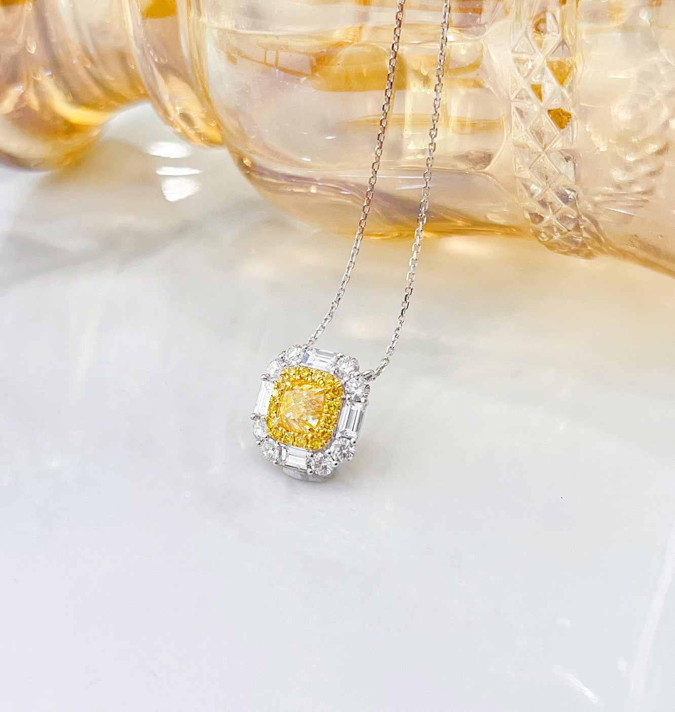 18K Yellow Gold Diamond Cushion-Cut Pendant Necklace - Premium Jewelry - Yellow Diamond Necklace