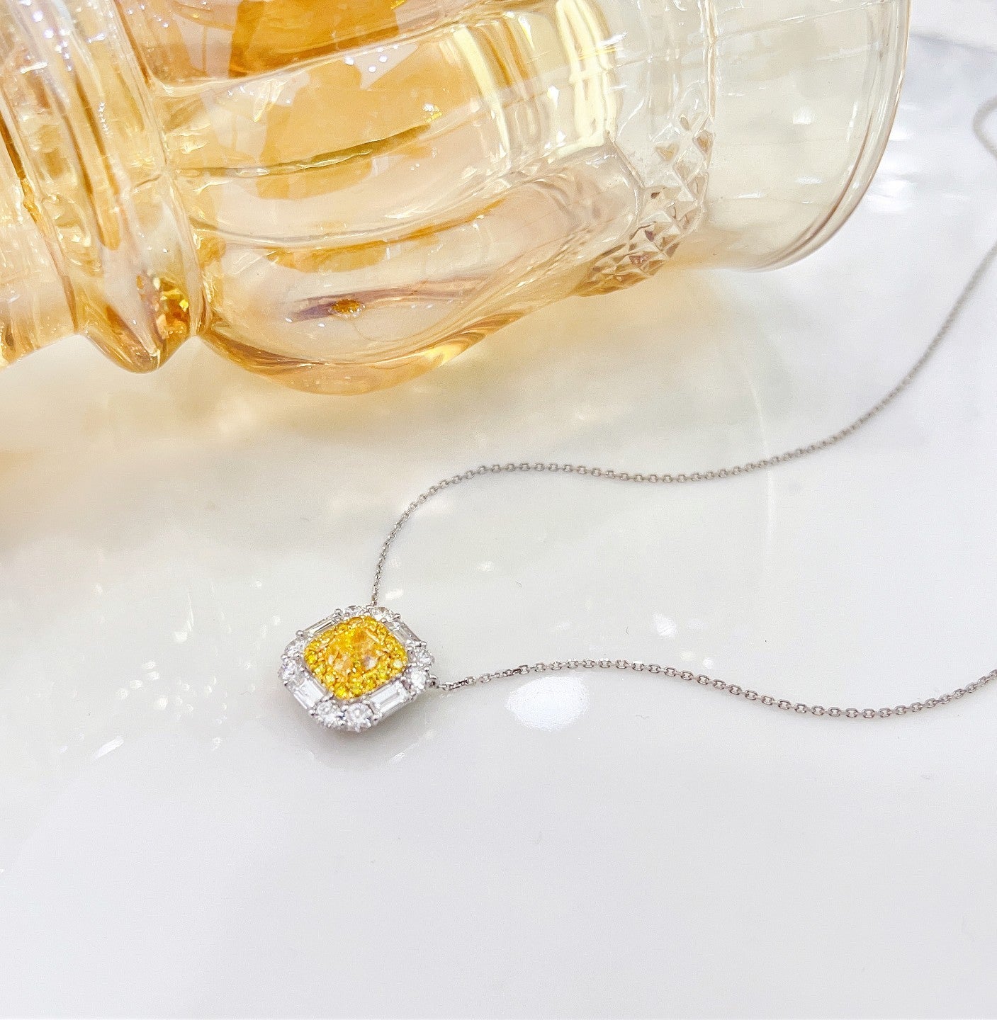 18K Yellow Gold Diamond Cushion-Cut Pendant Necklace - Premium Jewelry - Yellow Diamond Necklace