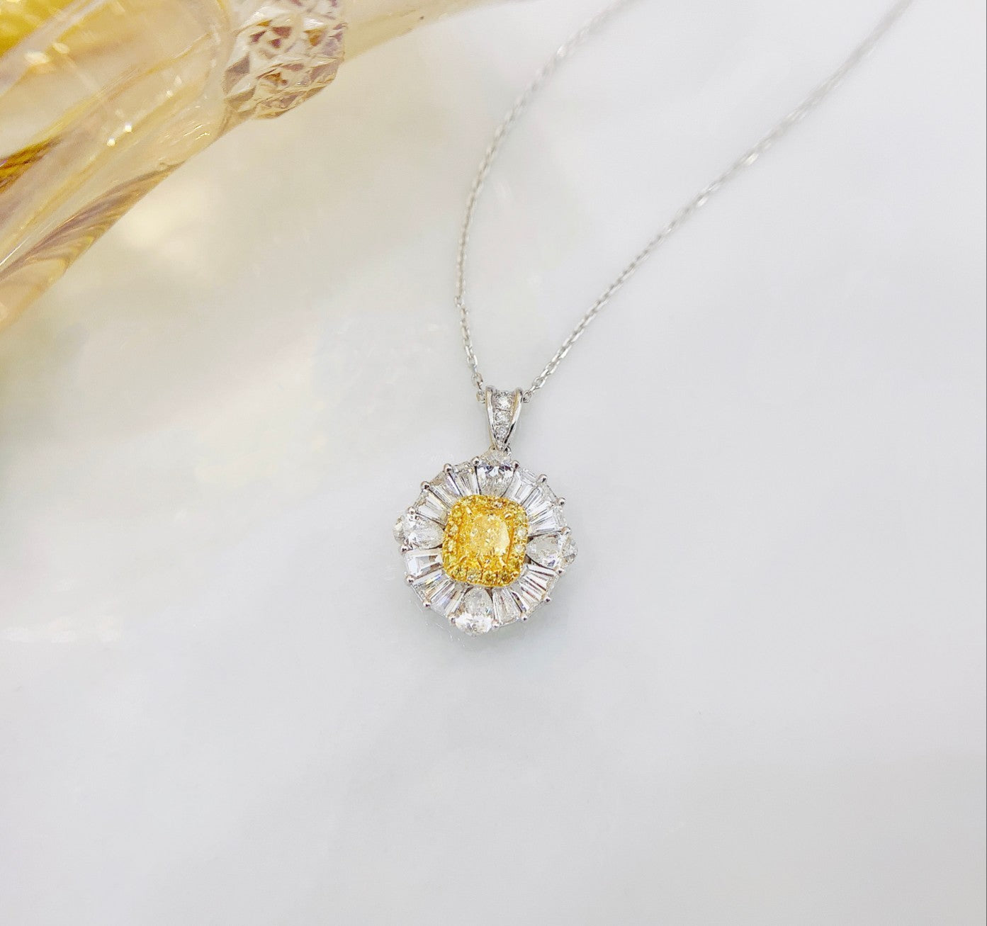 18K Yellow Gold Diamond Cushion-Cut Pendant Necklace with Melon Seed Clasp - Yellow Diamond Necklace