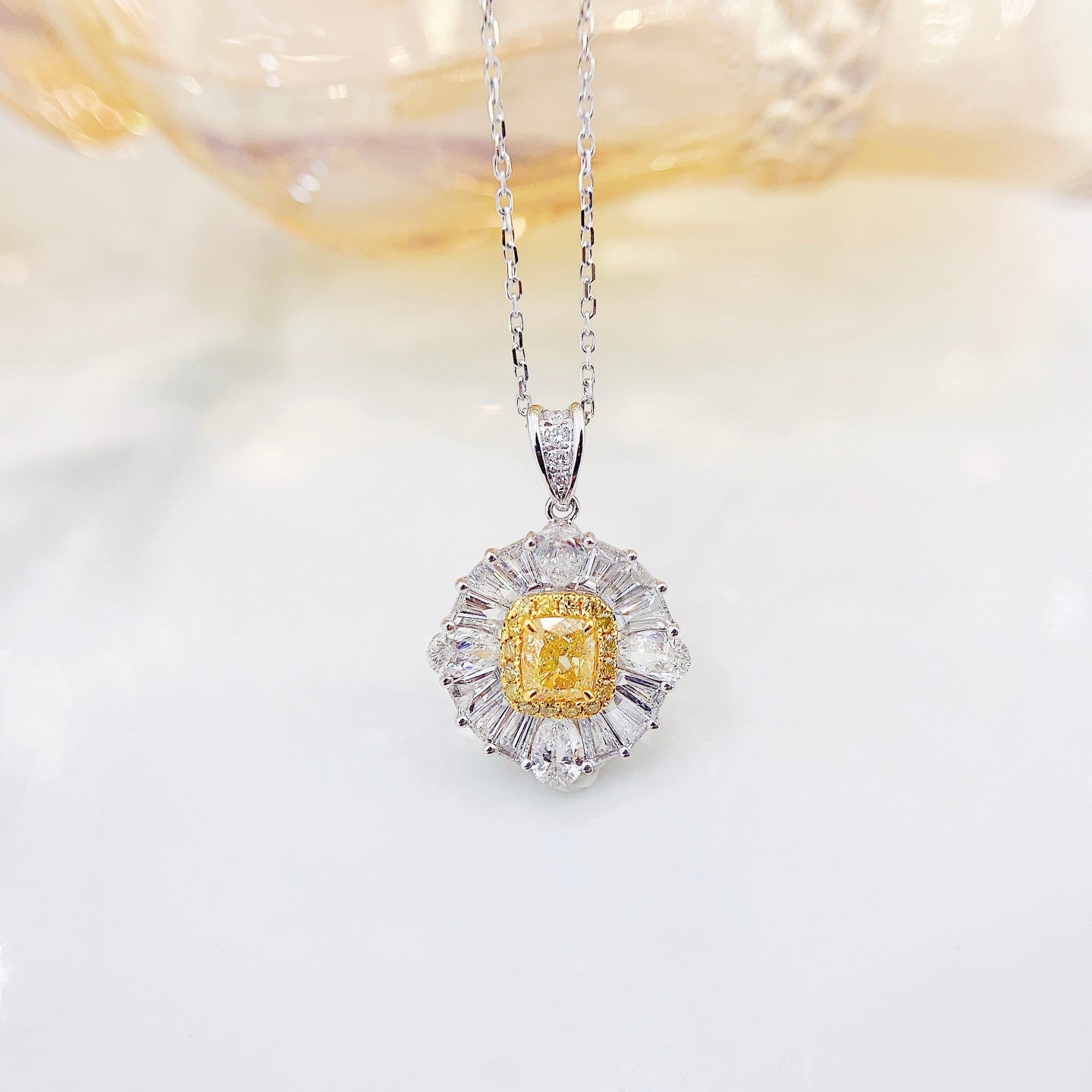 18K Yellow Gold Diamond Cushion-Cut Pendant Necklace with Melon Seed Clasp - Yellow Diamond Necklace