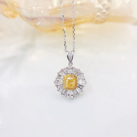 18K Yellow Gold Diamond Cushion-Cut Pendant Necklace with Melon Seed Clasp - Yellow Diamond Necklace