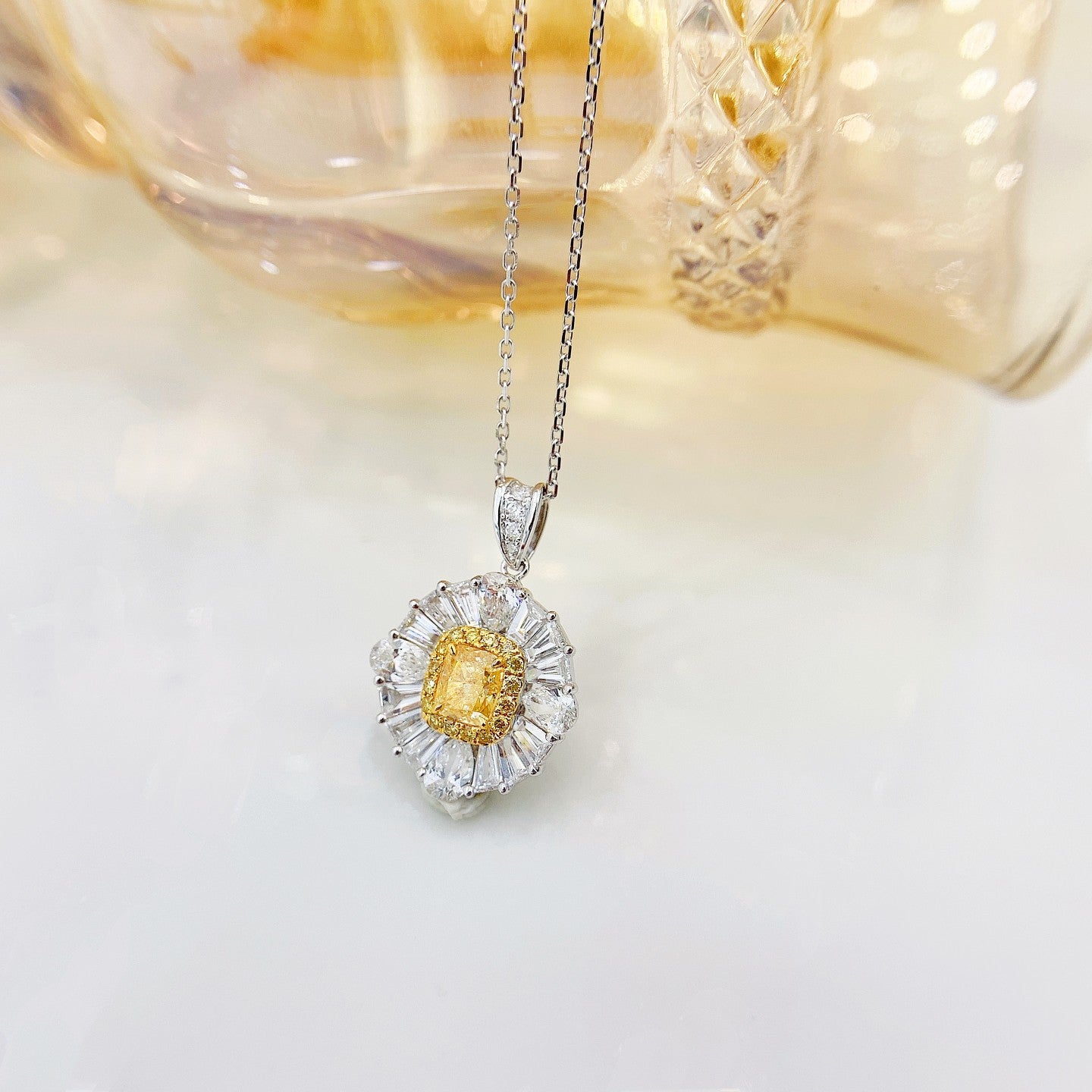 18K Yellow Gold Diamond Cushion-Cut Pendant Necklace with Melon Seed Clasp - Yellow Diamond Necklace