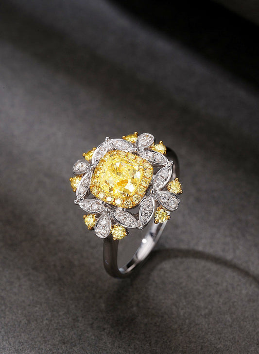 18K Yellow Gold Diamond Cushion-Cut Ring with AGL Certificate - Luxurious Jewelry - Yellow Diamond Ring