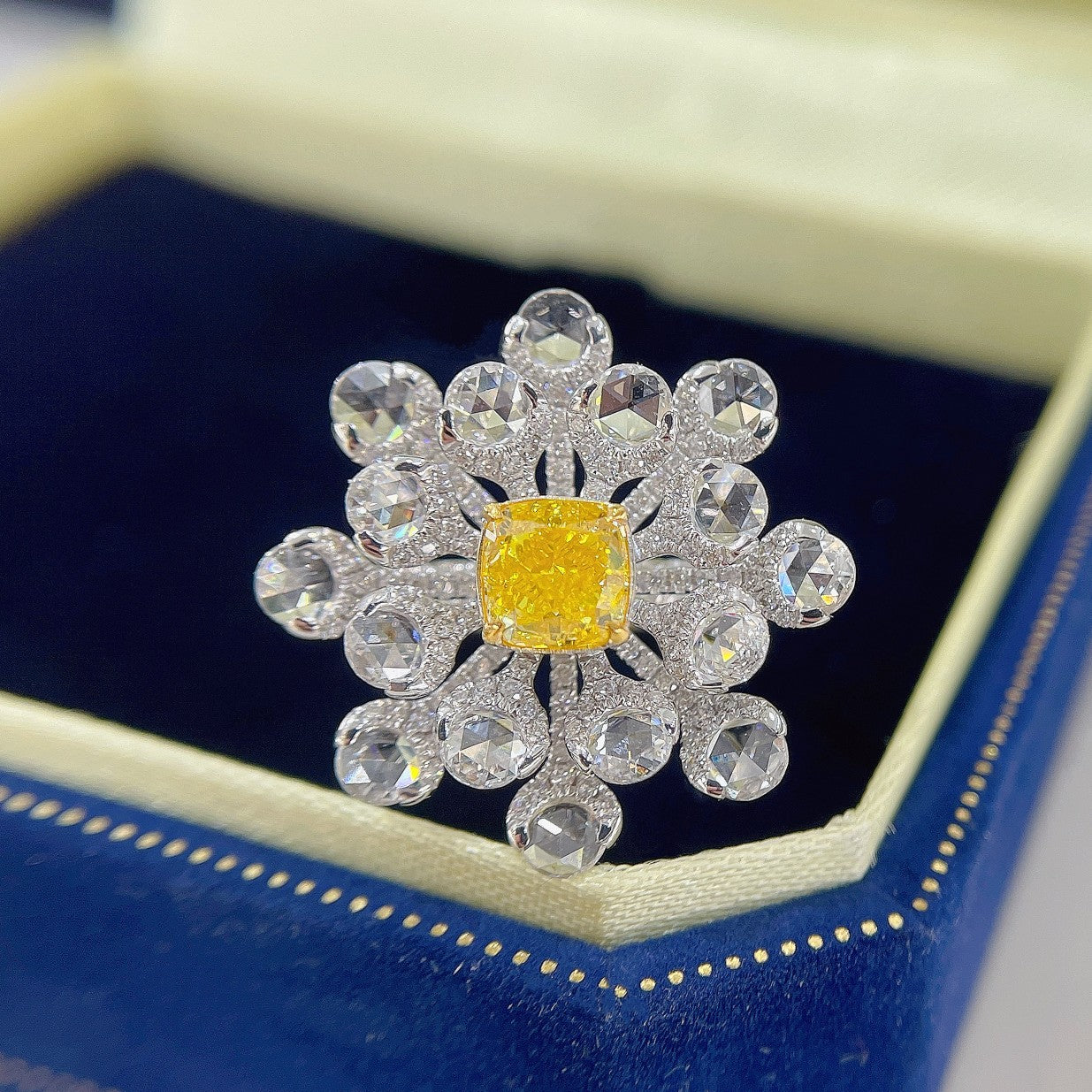 18K Yellow Gold Diamond Cushion Cut Rose Round Ring | Premium Jewelry - Yellow Diamond Ring