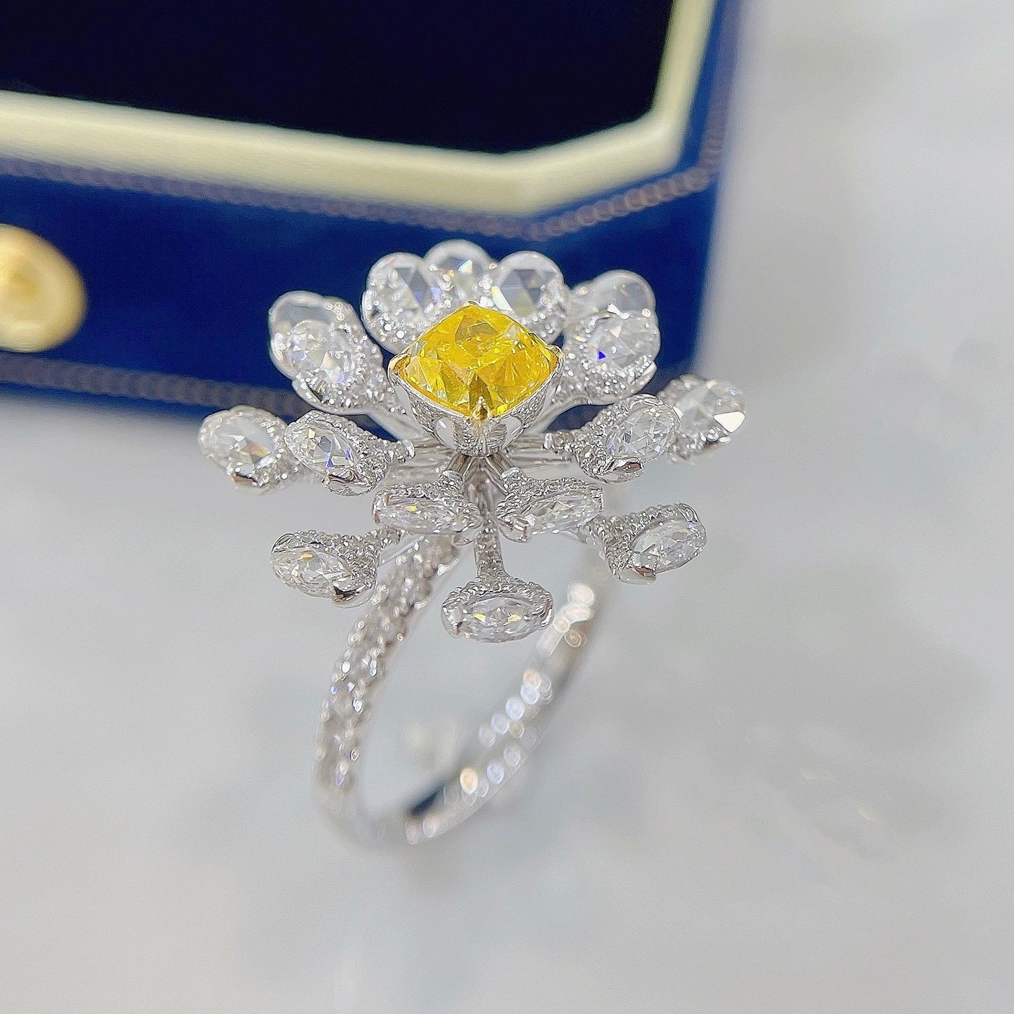 18K Yellow Gold Diamond Cushion Cut Rose Round Ring | Premium Jewelry - Yellow Diamond Ring