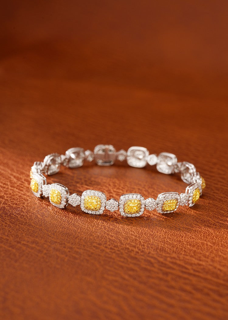 18K Yellow Gold Diamond Cushion-Cut Six-Prong Set Bracelet - Luxurious Jewelry - Yellow Diamond Bracelet