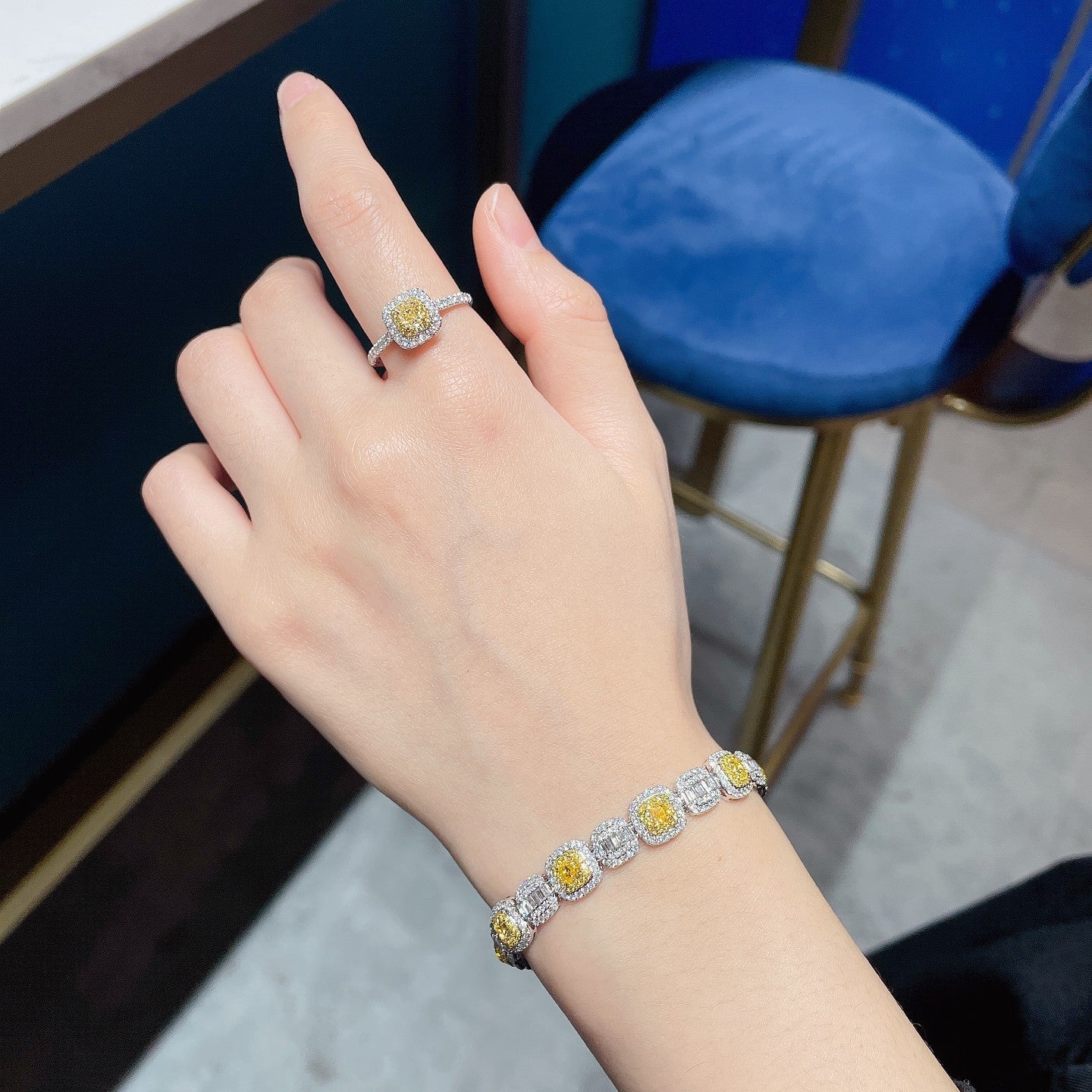 18K Yellow Gold Diamond Cushion-Cut Spacer Square Candy Bracelet - Luxury Jewelry - Yellow Diamond Bracelet