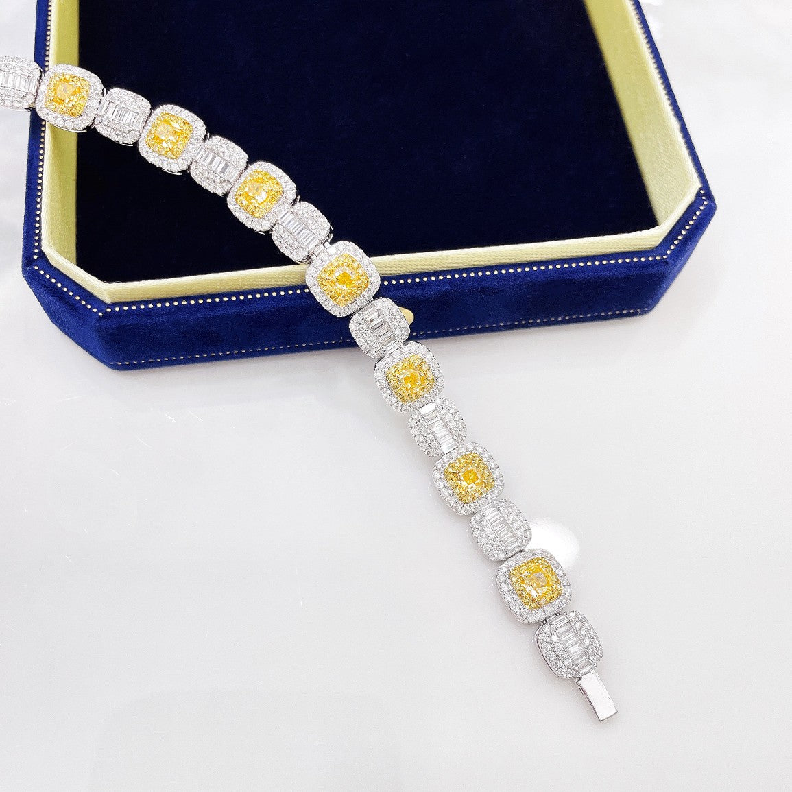 18K Yellow Gold Diamond Cushion-Cut Spacer Square Candy Bracelet - Luxury Jewelry - Yellow Diamond Bracelet