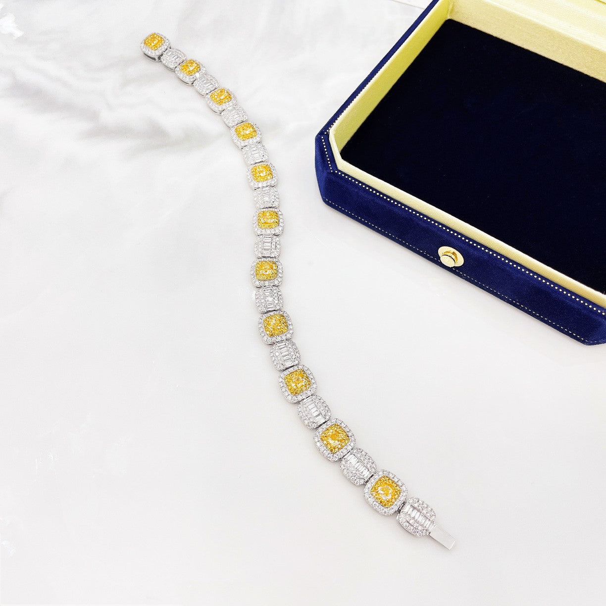 18K Yellow Gold Diamond Cushion-Cut Spacer Square Candy Bracelet - Luxury Jewelry - Yellow Diamond Bracelet