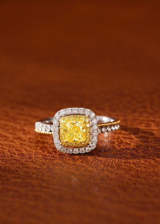 18K Yellow Gold Diamond Cushion-Cut Split-Color Ring | Premium Jewelry - Yellow Diamond Ring