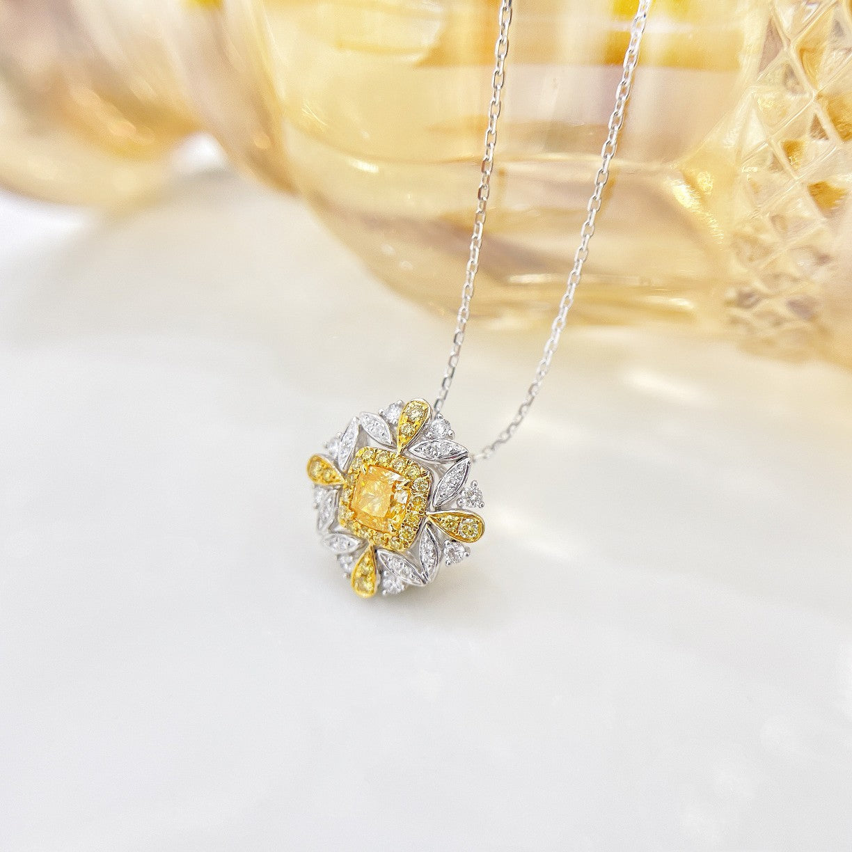 18K Yellow Gold Diamond Cushion-Cut Split Three-Leaf Pendant Necklace - Elegant Jewelry - Yellow Diamond Necklace