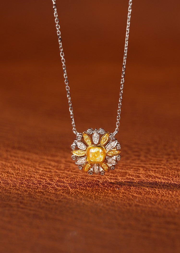 18K Yellow Gold Diamond Cushion-Cut Sunflower Pendant Necklace - Fine Jewelry - Yellow Diamond Necklace