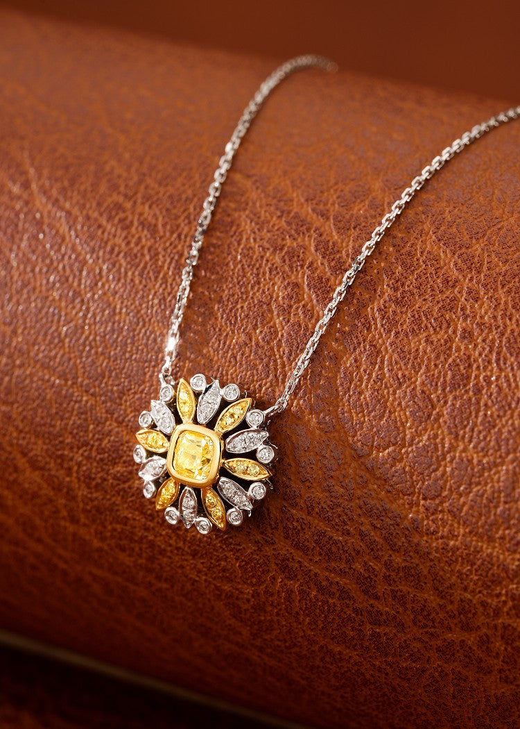 18K Yellow Gold Diamond Cushion-Cut Sunflower Pendant Necklace - Fine Jewelry - Yellow Diamond Necklace