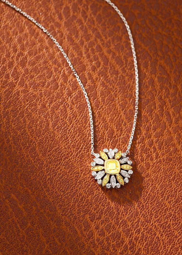 18K Yellow Gold Diamond Cushion-Cut Sunflower Pendant Necklace - Fine Jewelry - Yellow Diamond Necklace