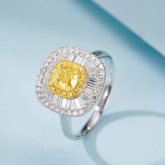 18K Yellow Gold Diamond Cushion-Cut Surround Ring with AGL Certificate | Premium Jewelry - Yellow Diamond Ring