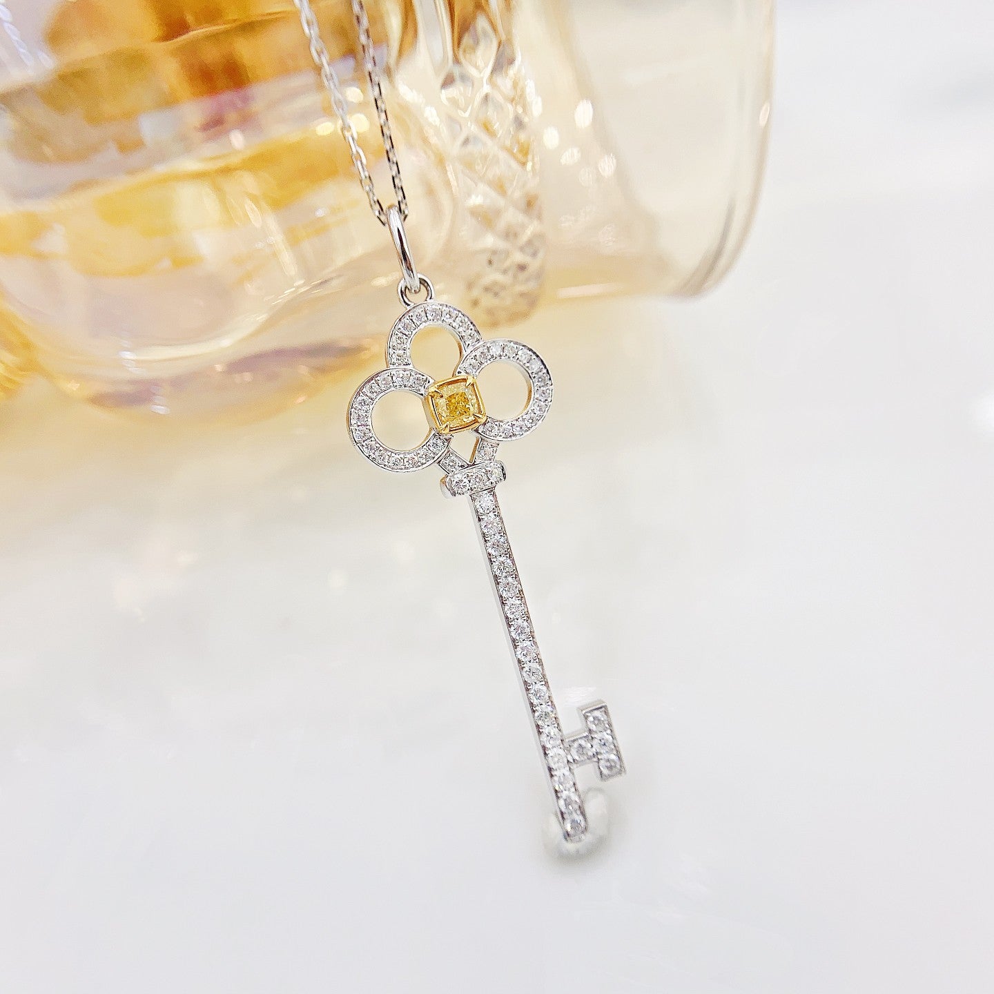 18K Yellow Gold Diamond Cushion-Cut Three-Circle Key Pendant Necklace - Yellow Diamond Necklace