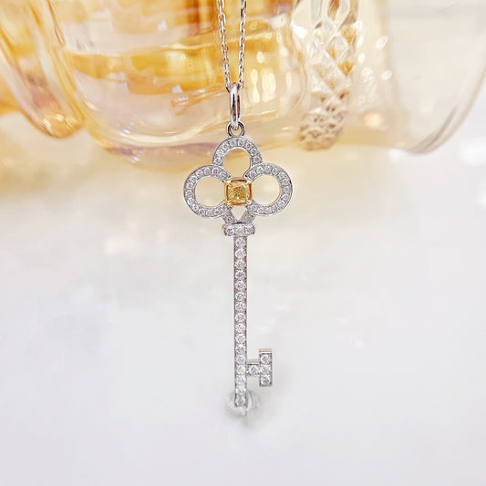 18K Yellow Gold Diamond Cushion-Cut Three-Circle Key Pendant Necklace - Yellow Diamond Necklace