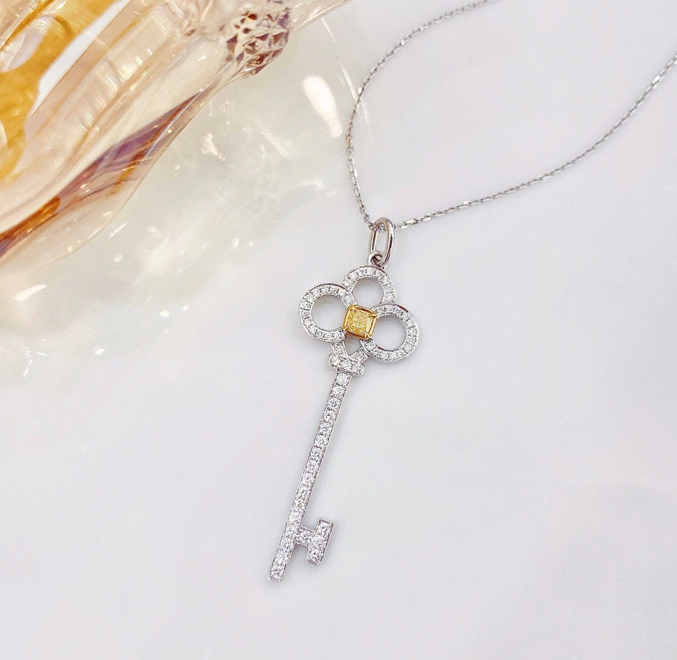 18K Yellow Gold Diamond Cushion-Cut Three-Circle Key Pendant Necklace - Yellow Diamond Necklace