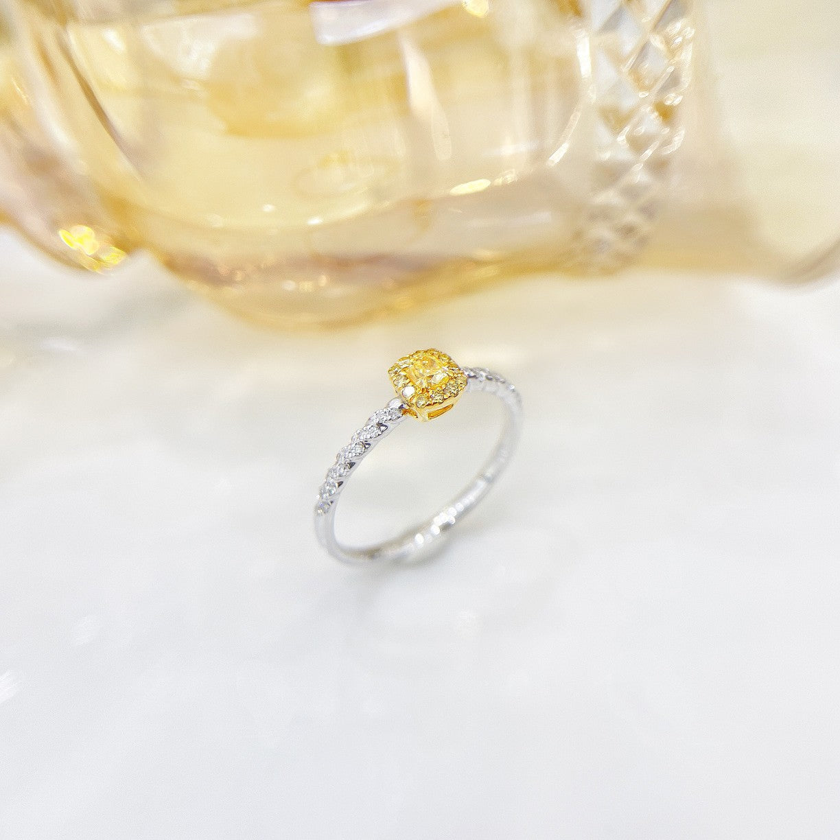 18K Yellow Gold Diamond Cushion-Cut Twist Ring | Premium Jewelry - Yellow Diamond Ring