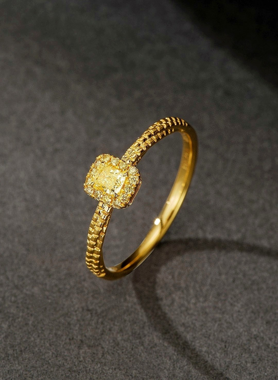 18K Yellow Gold Diamond Cushion-Cut Twisted Ring - Premium Jewelry - Yellow Diamond Ring