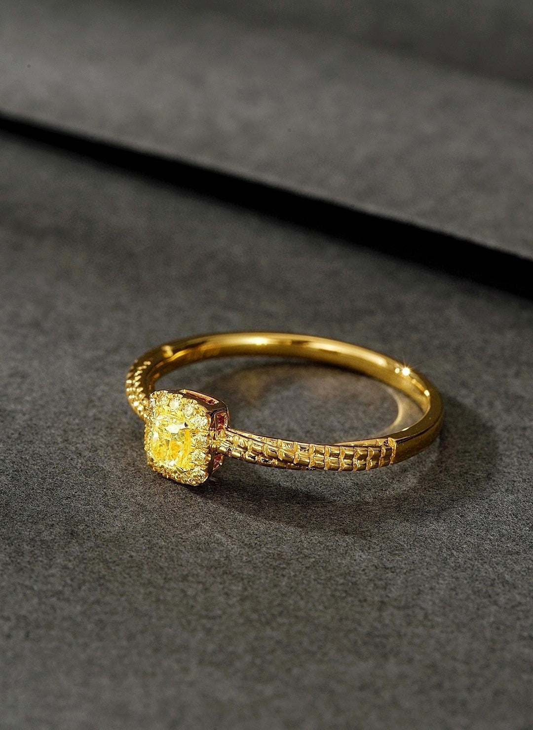 18K Yellow Gold Diamond Cushion-Cut Twisted Ring - Premium Jewelry - Yellow Diamond Ring