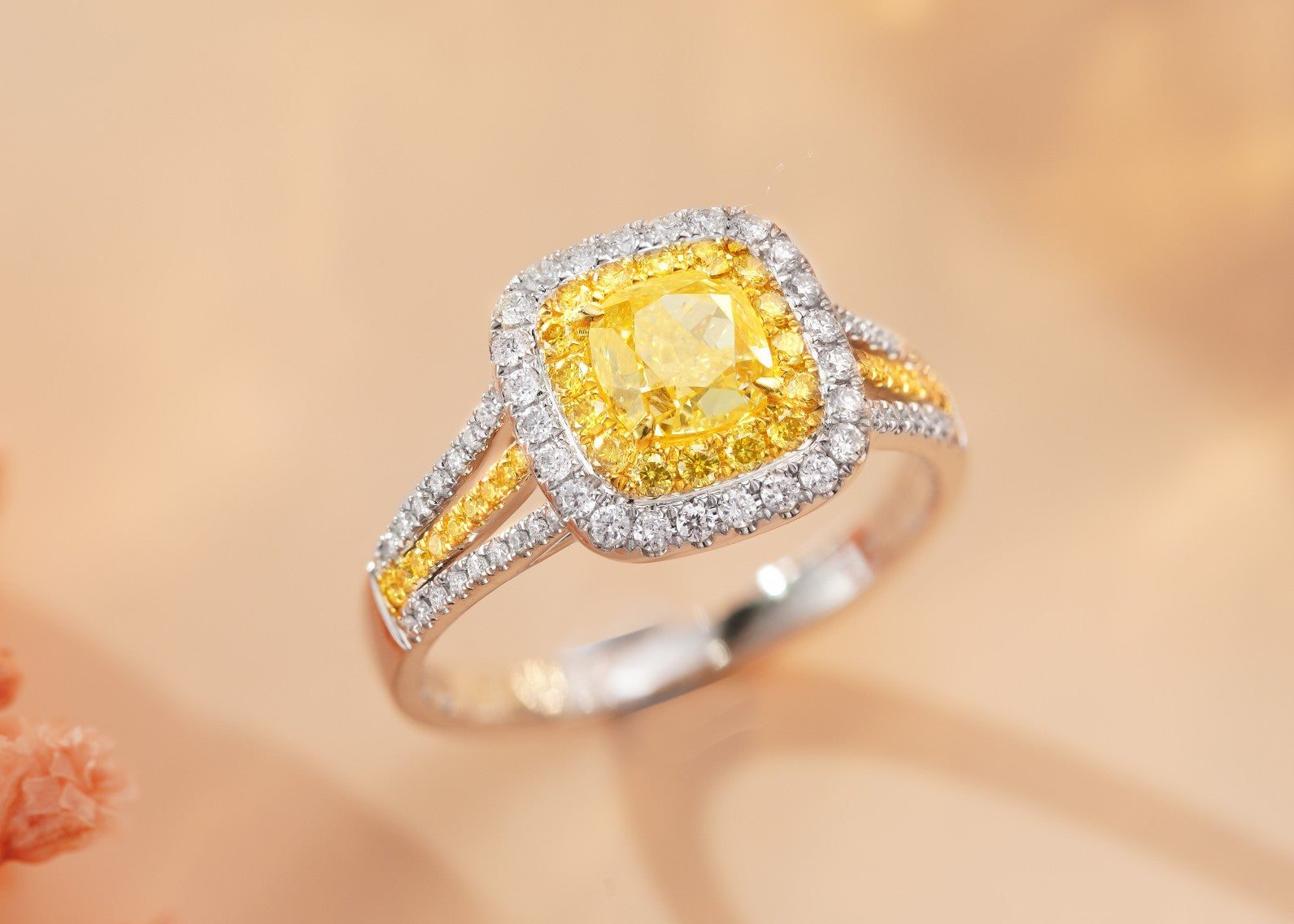 18K Yellow Gold Diamond Cushion-Cut Two-Tone Ring with AGL Certificate - Yellow Diamond Ring