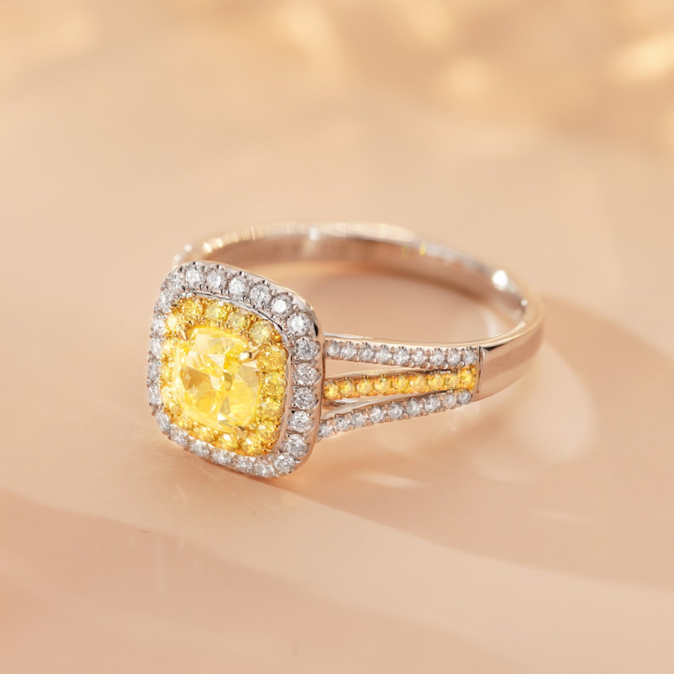 18K Yellow Gold Diamond Cushion-Cut Two-Tone Ring with AGL Certificate - Yellow Diamond Ring