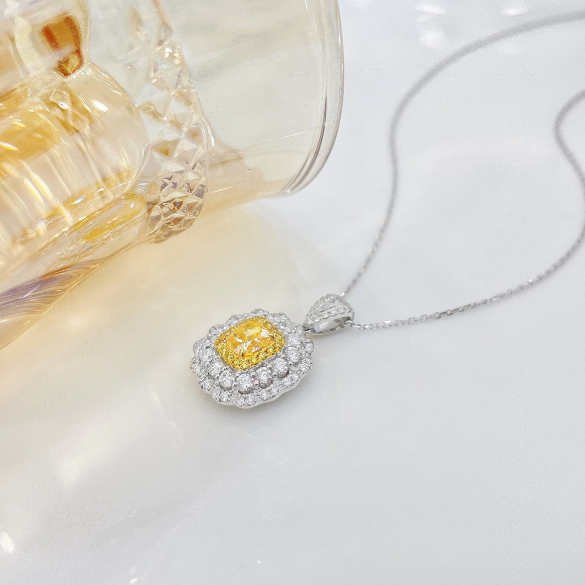 18K Yellow Gold Diamond Cushion Double Halo Necklace - Yellow Diamond Necklace