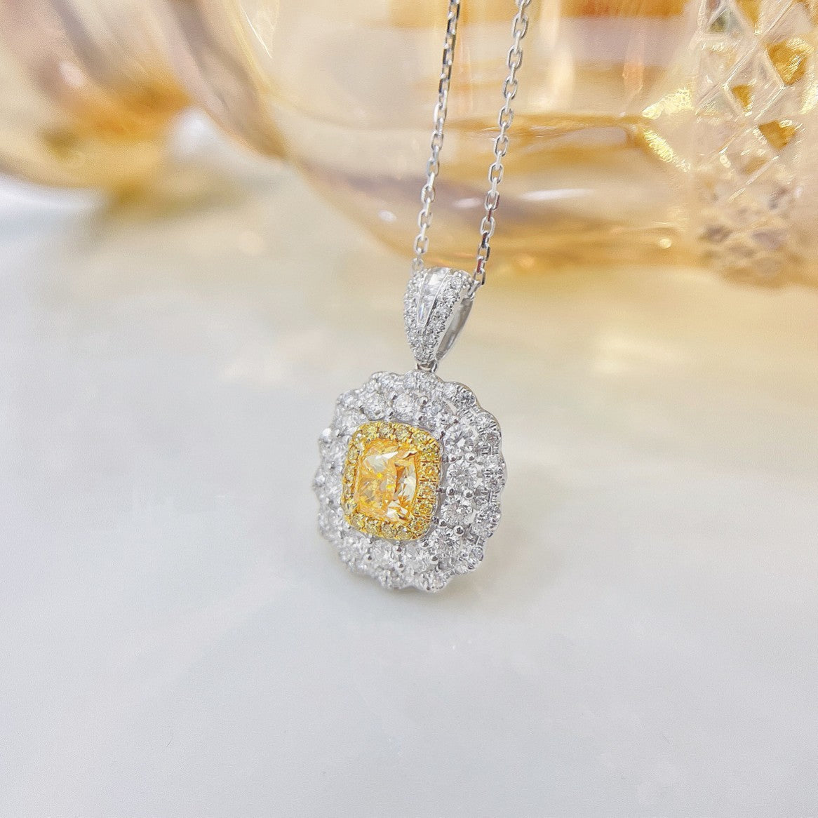 18K Yellow Gold Diamond Cushion Double Halo Necklace - Yellow Diamond Necklace