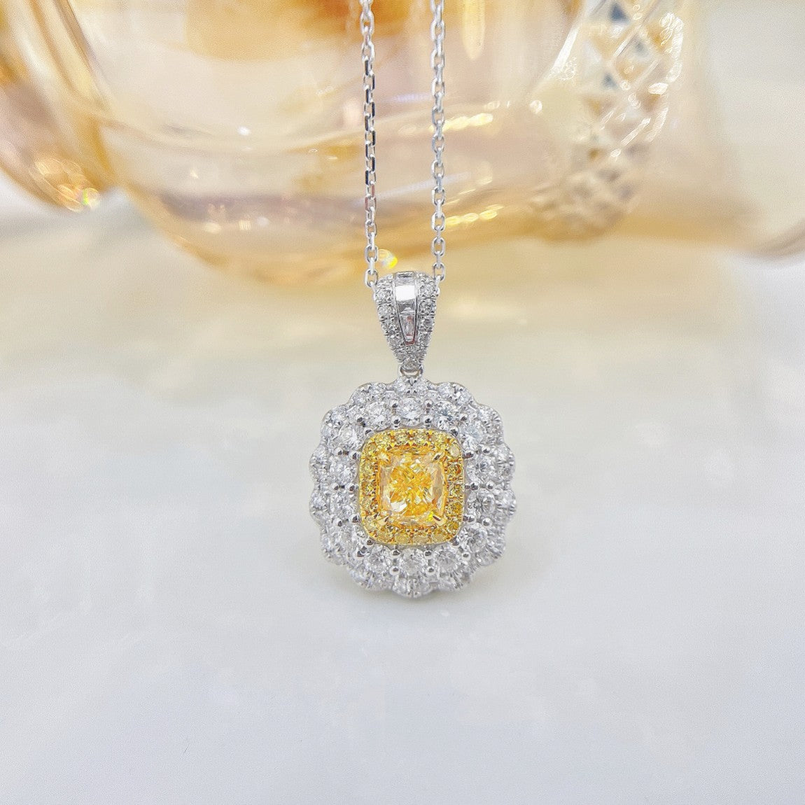 18K Yellow Gold Diamond Cushion Double Halo Necklace - Yellow Diamond Necklace