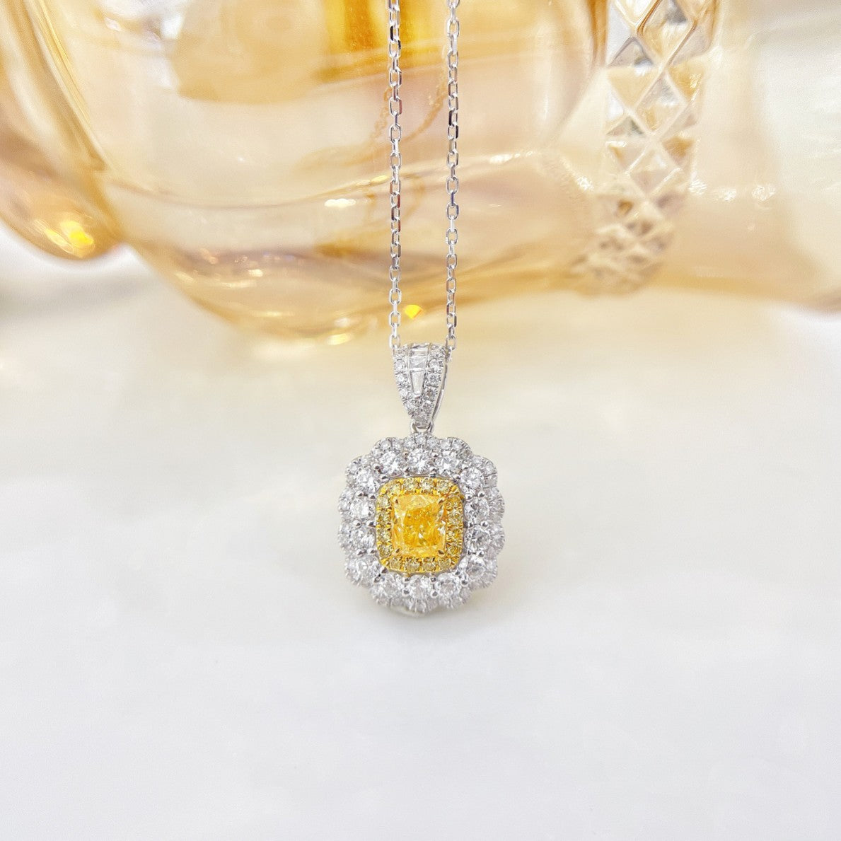 18K Yellow Gold Diamond Cushion Double Halo Necklace | Luxury Jewelry - Yellow Diamond Necklace