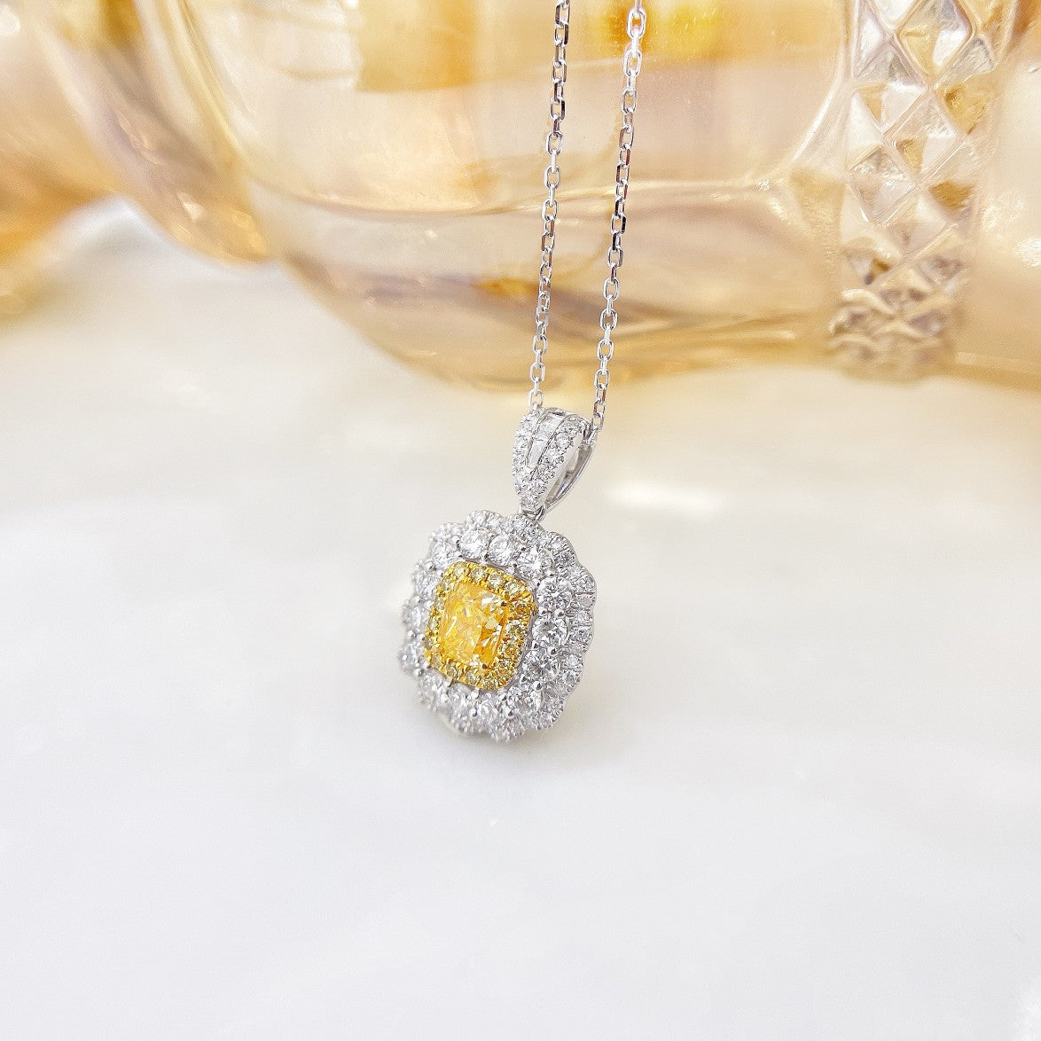 18K Yellow Gold Diamond Cushion Double Halo Necklace | Luxury Jewelry - Yellow Diamond Necklace